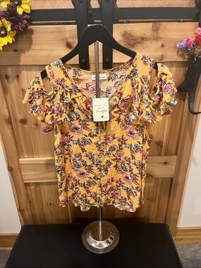 Belle Du Jour Yellow Floral Ruffle Sleeve Blouse